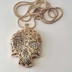 Large Crystallized Golden Skull Pendant Necklace